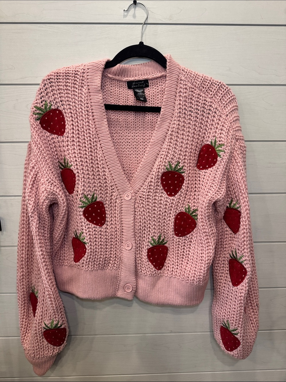 Sweet Society Pink Strawberry Embroidered Knit Cardigan size M